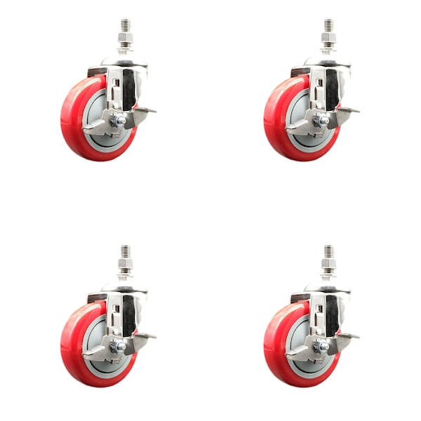Service Caster 4 Inch 316SS Red Polyurethane Swivel 10mm Threaded Stem Caster Set Brake SS316TS20S414-PPUB-RED-TLB-M1015-4 - main